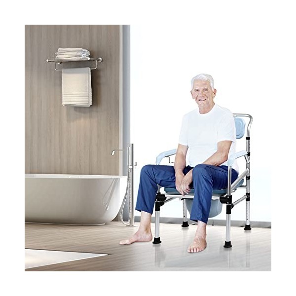 Ansobea Chaise de toilette avec accoudoir et dossier, réglable en hauteur, pliable et portable, tabouret de douche avec seau 