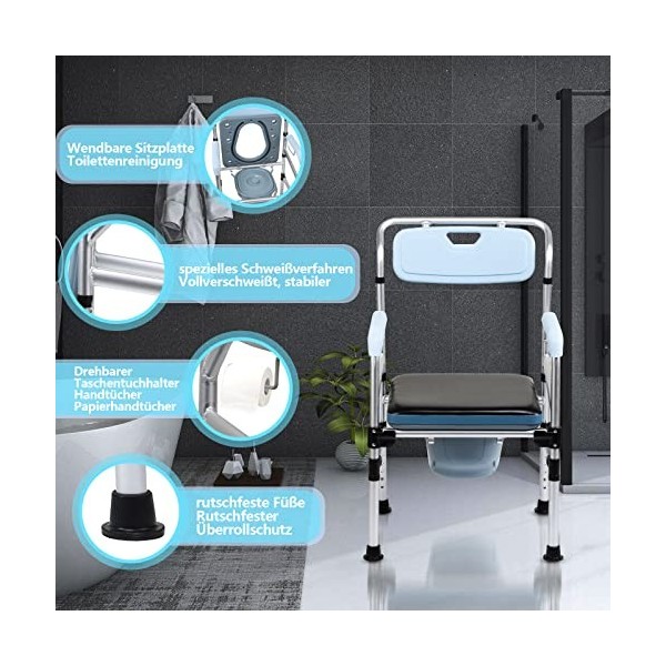 Jopassy Chaise de toilette en hauteur 42-54 cm, avec assise rembourrée et seau de toilette, charge maximale de 136 kg, pour p