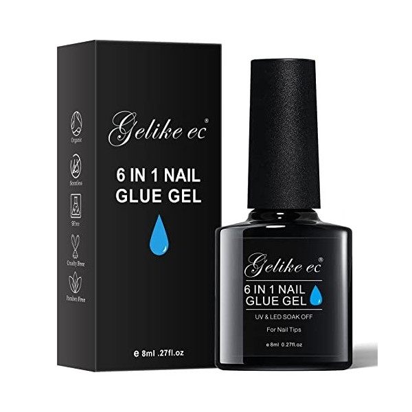 Gelike ec Colle Faux Ongles Extra Forte 6 en 1, Gummy Base Gel UV Ongles et le Renforçateur Colle Capsule Americaine Ongle Po