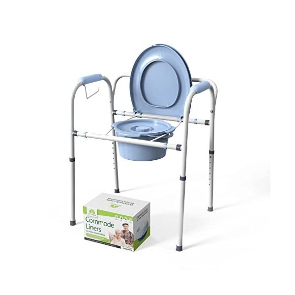 Dr. Maya Chaise percée de chevet réglable pliable et portable en acier inoxydable pour toilettes avec accoudoirs – Commode de