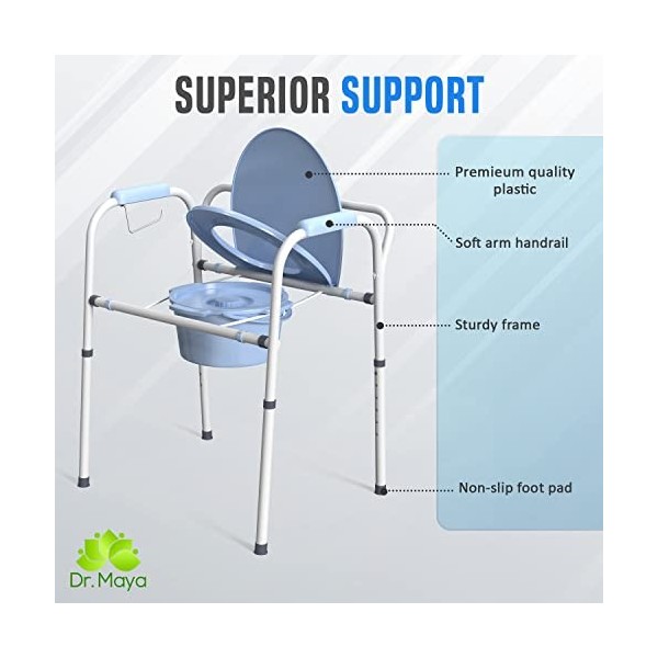 Dr. Maya Chaise percée de chevet réglable pliable et portable en acier inoxydable pour toilettes avec accoudoirs – Commode de