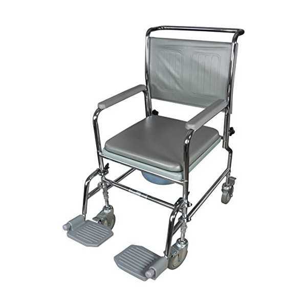 Aidapt Chaise percée à roulettes, réglable en hauteur, mobile, 4 roulettes freinées, pot de 7,5 litres, accoudoirs amovibles,