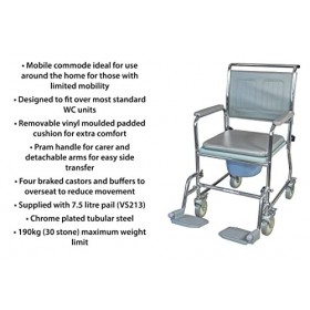 Aidapt Chaise percée à roulettes, mobile, 4 roulettes freinées, pot de 7,5 litres, accoudoirs amovibles, WC standard, chambre