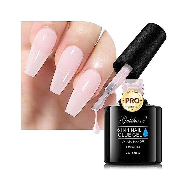 Gelike ec Colle Faux Ongles Extra Forte 6 en 1, Gummy Base Gel UV Ongles et le Renforçateur Colle Capsule Americaine Ongle Po