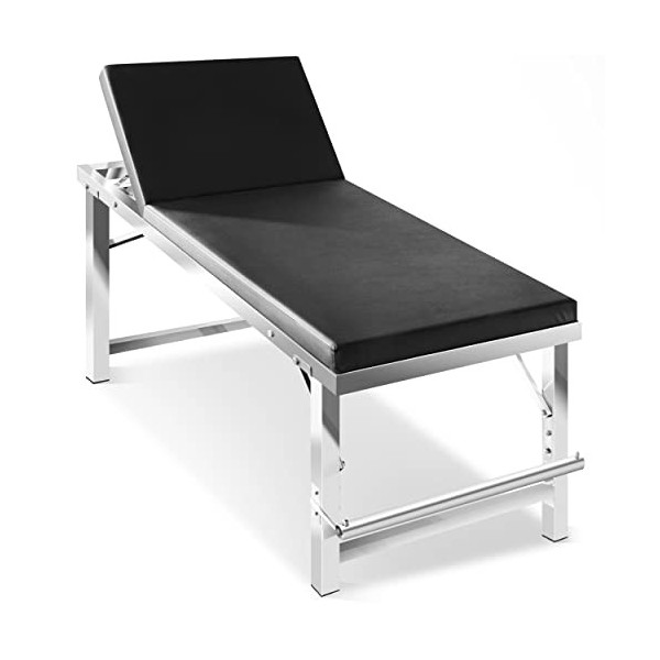 AIESI® Lit de Visite médical Ignifuge en Acier Inoxydable à 1 Articulation Couleur Noire avec Porte-Rouleau Capacité 150 Kg