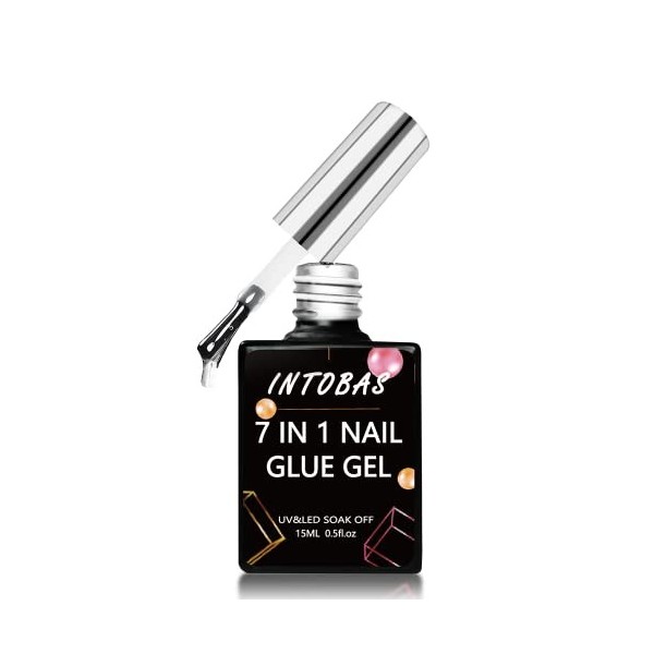 INTOBAS Colle Faux Ongles UV Extra Forte 7 EN 1, 15ml Colle Capsule Americaine Ongle, Gel Gummy Base Pose Americaine, Colle à