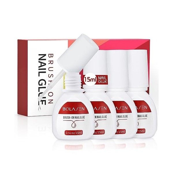 4 Bouteilles Colle à Ongles, BOLASEN 15ML Colle Faux Ongles Extra Forte, Colle a Faux Ongles avec Pinceau, Colle Ongle, Colle