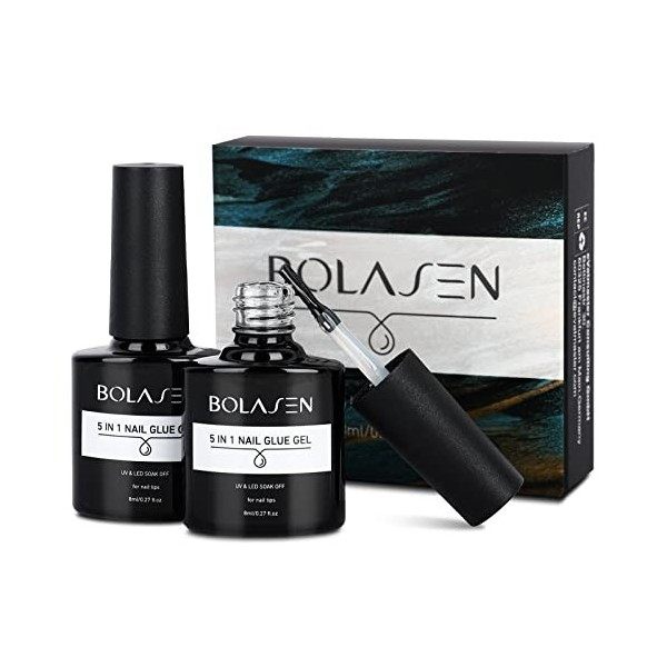 Colle Faux Ongles en Gel avec Pinceau, BOLASEN Colle Ongle Capsule Gel UV 5 en 1, Colle Faux Ongles UV Extra Forte, Gel Colle