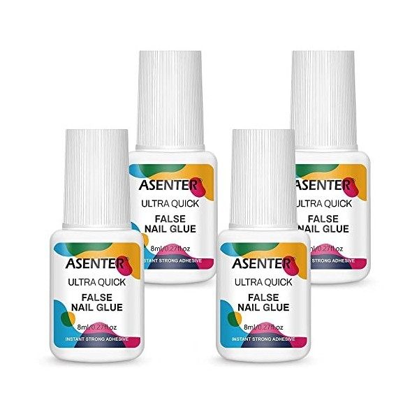 ASENTER 4 * 8ml Colle Faux Ongle Extra Forte Rapide Avec Pinceau Capsules Colle