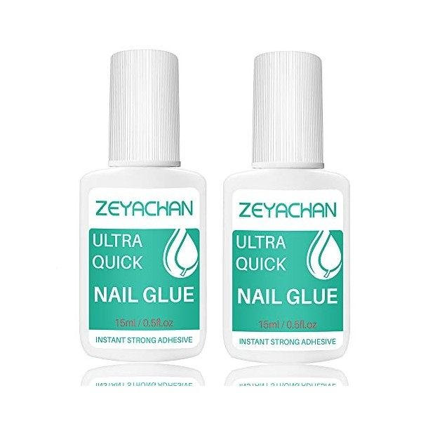 ZEYACHAN Colle Faux Ongles Extra Forte 2*15ML, Colle à Ongles Professionnelle, Capsules Ongle Colle Nail Bond Super Rapide Av