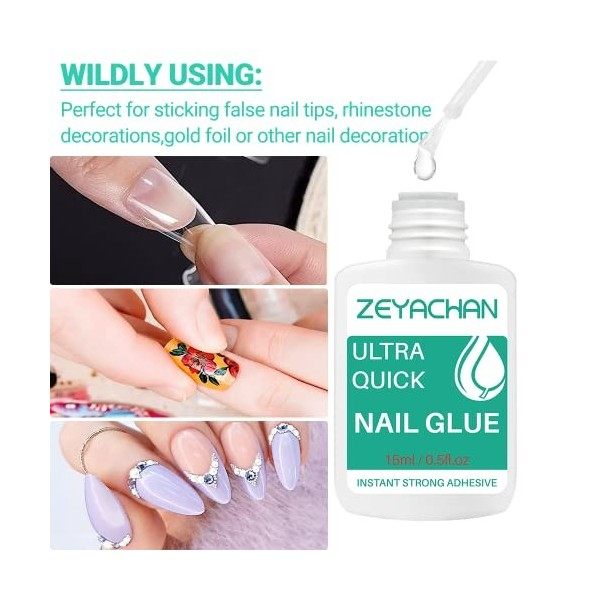 ZEYACHAN Colle Faux Ongles Extra Forte 2*15ML, Colle à Ongles Professionnelle, Capsules Ongle Colle Nail Bond Super Rapide Av