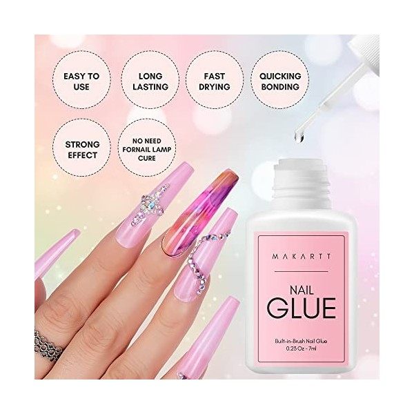 Makartt Colle à Ongles Super Forte pour Ongles Acryliques 7ML 3 Pièces Pinceau sur Colle à Ongles pour les Pointes des Ongles