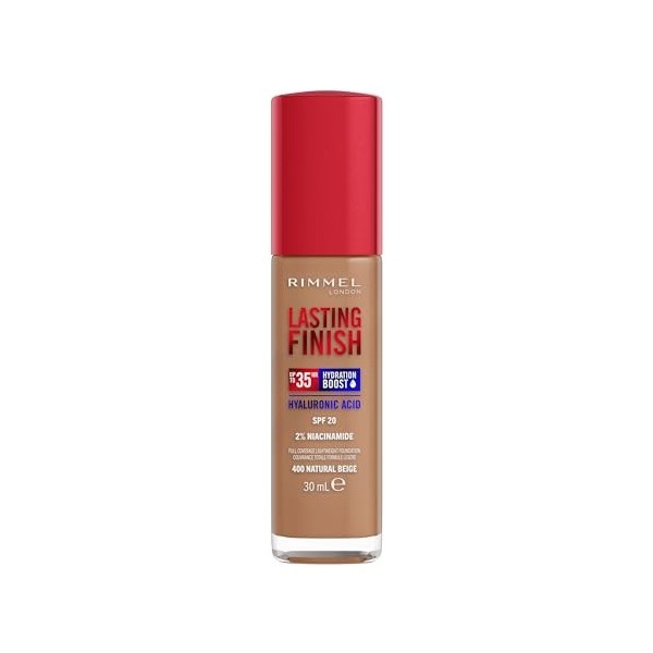 Rimmel London Lasting Finish 35 Hour, 400 Natural Beige, fond de teint, longue tenue, hydratant, formule vegan, couvrance tot