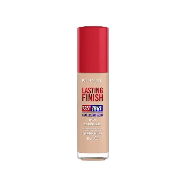 Rimmel London Lasting Finish 35 Hour, 050 Fair Porcelain, fond de teint, longue tenue, hydratant, formule vegan, couvrance to