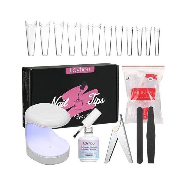 Layhou Ongles Pose Americaine, Capsule Ongle Gel, Kit Pose Americaine Ongles, 500pcs Faux Ongles avec Mini Lampe à Ongles Led