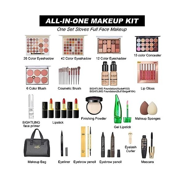 Kit de maquillage tout-en-un pour femme, kit complet de maquillage de voyage, coffret cadeau de maquillage pour femmes et fil