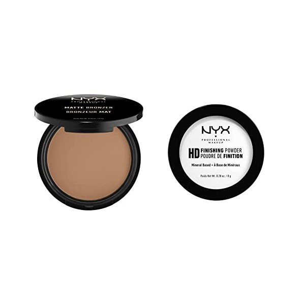 NYX Professional Makeup Poudre Compacte Bronzante Corps et Visage Matte Bronzer, Sans Reflets, Medium & Poudre de Finition Co