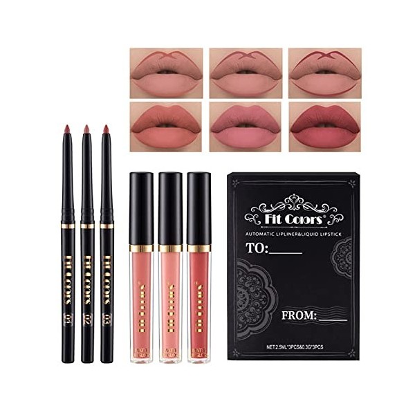 Holzsammlung 6Pcs 2 en 1Crayon À Lèvres Mat Et Ensemble De Rouge À Lèvres Étanche Beauté Maquillage Kit Lipgloss Liptints Pou