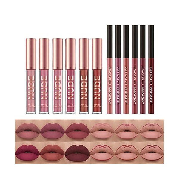 12Pcs Crayon À Lèvres Mat Et Ensemble De Rouge À Lèvres 24 Heures Nus Étanche Beauté Maquillage Kit Lipgloss Pour Femmes Cray