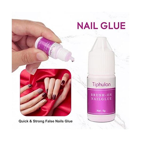 Colle à Ongles à Séchage Rapide, Colle Faux Ongles Tiphulan avec 1 Lime à Ongles 100/180, 5 Pièces 5g de Colle ongle Pour Col