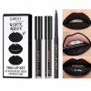 Pakivs 3Pcs Black Matte Lipstick,Lip Liner,Lip Gloss Trio Lip Set Waterproof Long-Lasting Moisturizing Velvety Lip Stain One 