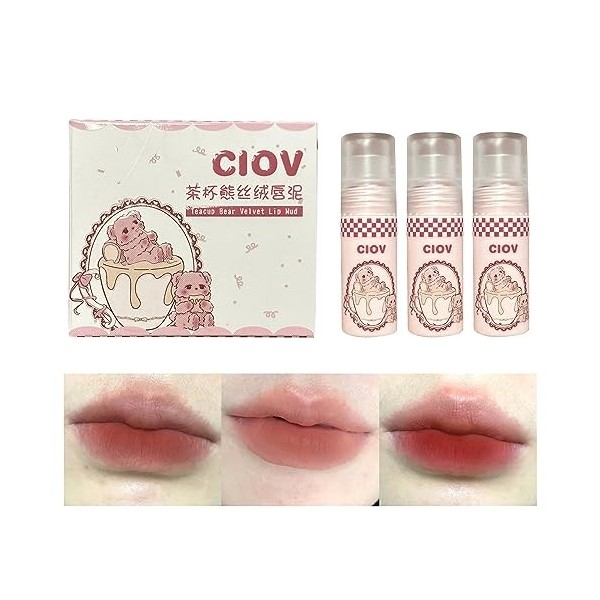 3 Pièces Vintage Teacup Bear Lip and Cheek Colour Clay Set, Waterproof Long Lasting Smudgeproof Matte Lip Glaze, Highly Pigme