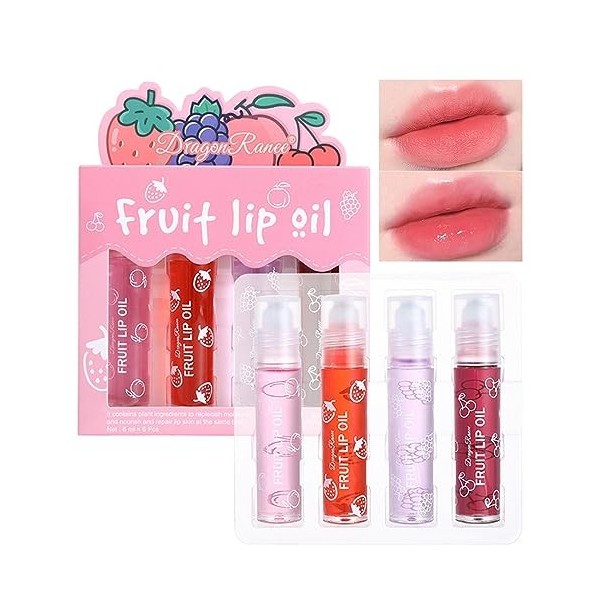 4 Couleurs Fruit Lip Oil Lip Gloss Brillant à LèVres à Bille Aux Fruits, Brillant à LèVres Transparent, Rouge à LèVres Liquid