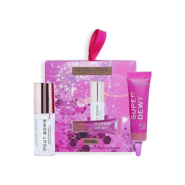 Ensemble Cadeau "Icons" de Revolution, Gloss à Lèvres, Blush Liquide & Coffret Cadeau Rose Inclus