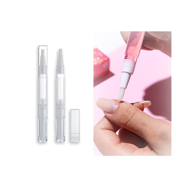 Lot de 2 stylos à huile vides pour cuticules - Transparents - 3 ml - Rechargeable avec pointe pinceau - Applicateurs cosmétiq