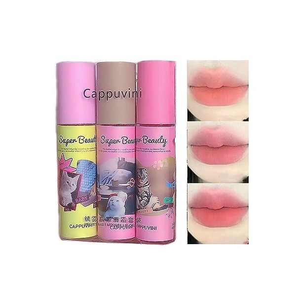 Domality 3Pcs Matte Lip Gloss Set avec Emballage Coloré Cute Cat, Rouge à Lèvres Rose Velours Crème, Imperméable à l’eau Long