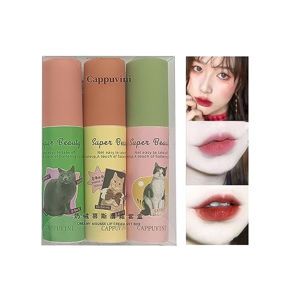 Domality 3Pcs Matte Lip Gloss Set avec Emballage Coloré Cute Cat, Rouge à Lèvres Rose Velours Crème, Imperméable à l’eau Long