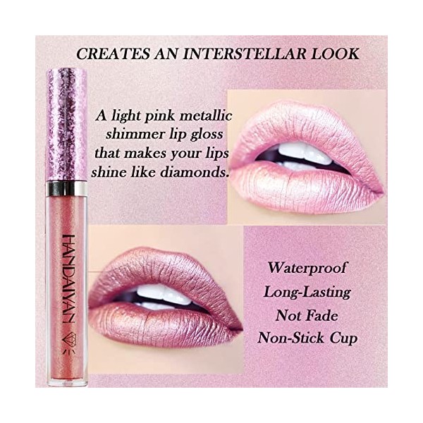 Gloss à lèvres liquide métallique diamant rose scintillant brillant à lèvres anti-adhésif longue durée waterproof rose pour b