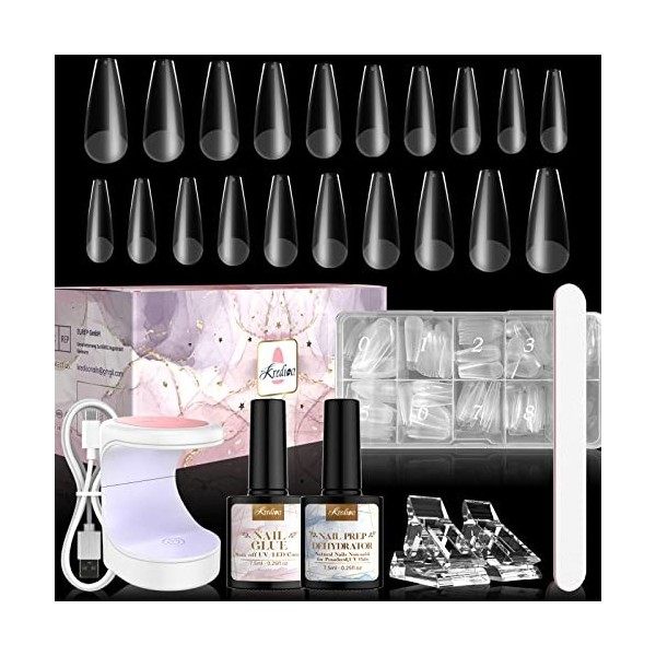 Kredioo Faux Ongles avec Colle à Ongles Vernis Semi Permanent 4 en 1 Gel de Colle Faux Ongles & Base Coat + 500PCS Faux Ongle