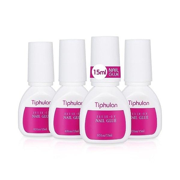 Colle à Ongles, Tiphulan 4 Bouteilles 15ml Colle à Faux Ongles Professionnelle avec Brosse, Colle à Faux Ongles Super Forte, 