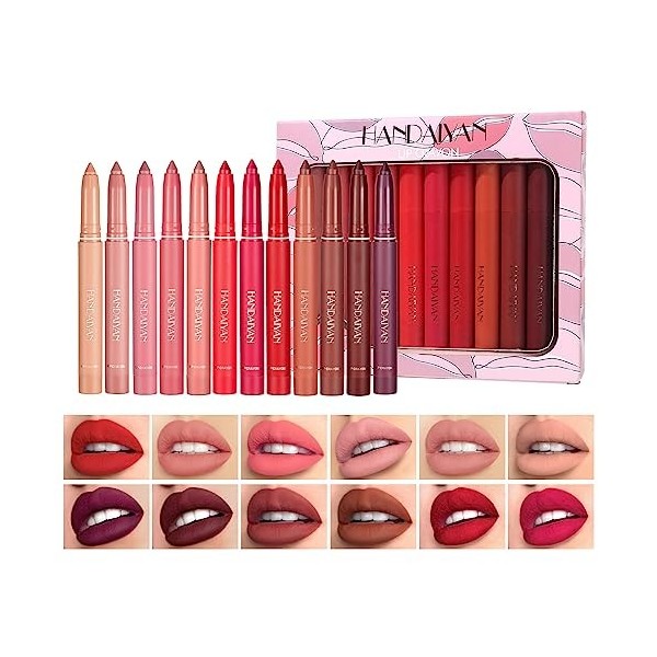 RoseFlower 12 couleurs Crayon Lipstick Lipliner Set, Non-Stick Cup Matte Lipstick Pen Imperméable à l’eau Longue Durée Velvet