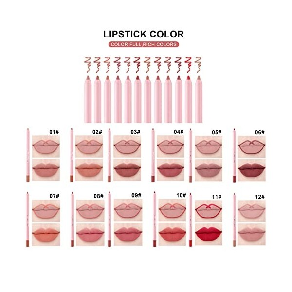 Gireatick 12 Couleurs High Pigmented Smooth Lip Liner Set, Long Durable Fade Resistant Lip Pencil, Smakudge-proof & Waterproo