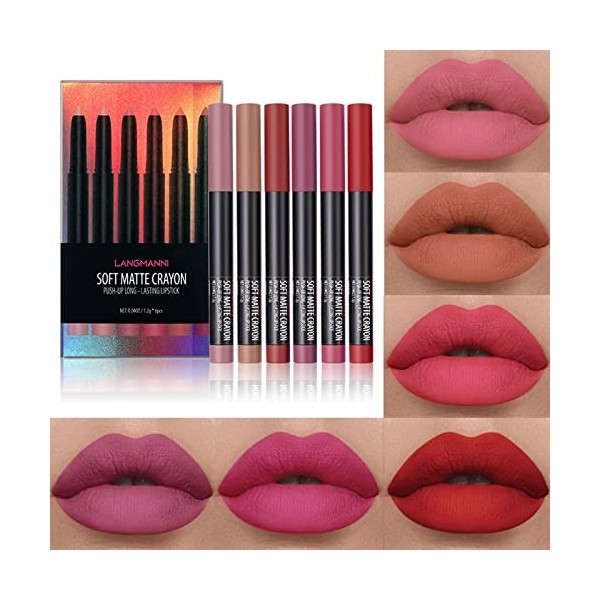 Domality Lot de 6 crayons à lèvres en velours mat avec taillecrayon intégré, 6 stylos à rouge à lèvres haute pigmentation, ro