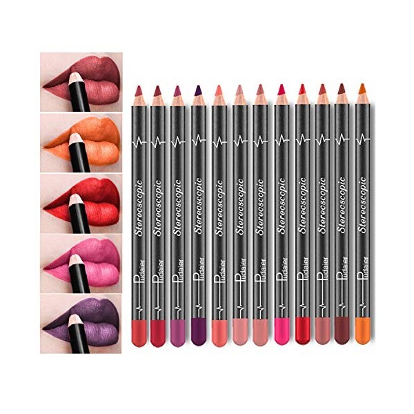 Lip Liner, Ksndurn Crayon à Lèvres Jeu de 12 Couleurs - Longue Durée, Résistant à leau et Mat, Maquillage Pour Dessiner ou R