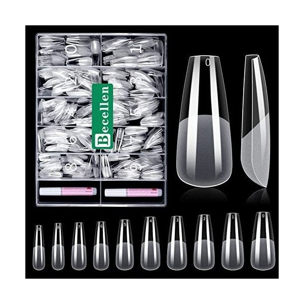 Becellen 500 Pièces Faux Ongles Carré, Transparent Couverture Complète Capsules Americaine Ongles avec Colle pour Femme Fille