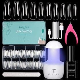 TOMICCA Capsule Americaine Ongle-Pose Americaine Ongle Kit, 500 PCS Capsules Ongle Ballerine Long,Portable Lampe UV Ongle Et 