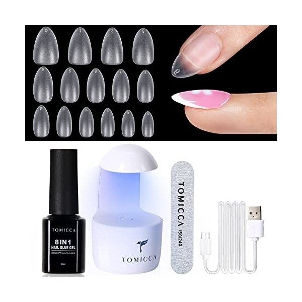 TOMICCA Capsule Americaine Ongle-Pose Americaine Ongle Kit, 500 PCS Capsules Ongle Ballerine Long,Portable Lampe UV Ongle Et 