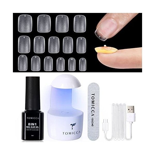 TOMICCA Capsule Americaine Ongle-Pose Americaine Ongle Kit, 500 PCS Capsules Ongle Ballerine Long,Portable Lampe UV Ongle Et 