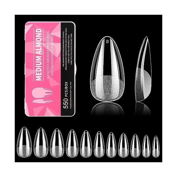 Faux Ongles Amande, 550 Pièces Gel Capsule Americaine Ongle, 11 Tailles Semi Givré Ongles Pose Americaine pour Prothésiste On