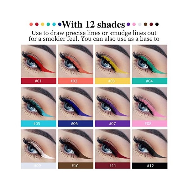 Vesaneae Eyeliner waterproof colorés de 12 couleurs,Eye liner couleur liquide waterproof mat,EyeLiner Liquid Maquillage pour 