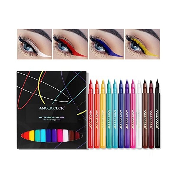 Anglicolor Eyeliner coloré 6 couleurs, Jeu deye liner liquide mat, stylo eyeliner néon imperméable longue durée, très pigmen