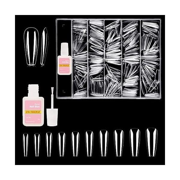 Faux Ongles, ELFORA 500pcs - Acrylique Capsule Américaine Ongle Longs Forme Ballerine, pose americaine ongle avec 13 ml Colle