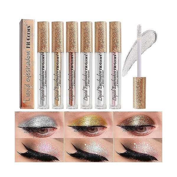 DENESTUP 6 Couleurs Fard à Paupières Liquides Glitter, Perles Métallique Glitter Shimmer Smokey Eye Looks,Imperméable Longue 