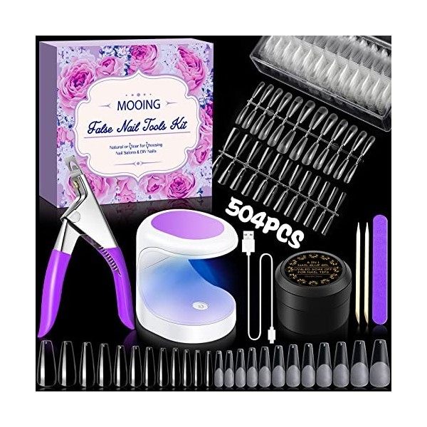 MOOING Capsule Americaine Ongle Kit, 504 Pcs Américaines Faux Ongles, 11Tailles Kit Pose Americaine Ongles,Pose Americaine On