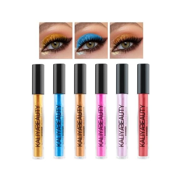 Teekerwan 6pcs liquide Flash ombre à paupières coloré liquide Eyeliner set. Palette dombres à paupières paillettes dorées. F