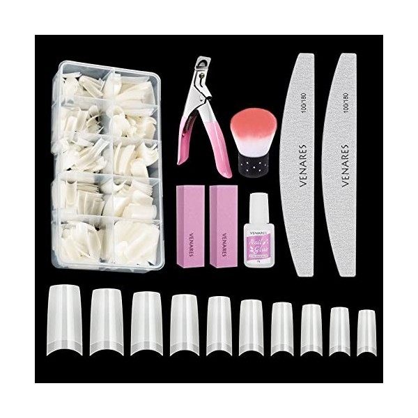 Capsules Ongles, Venares 500 Pcs Faux Ongles Français Acrylique Artificiel Capsules Ongles avec Colle, Blocs de Polissoirs On